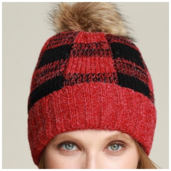 Danalli Accessories - FUR LINED | Red buffalo plaid faux fur pom beanie